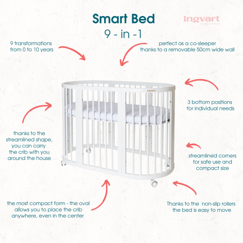 Ovāla bērnu gultiņa Transformers Ingvart Smart Bed 9in1 (Cappuccino) + matracis dāvana 72x72