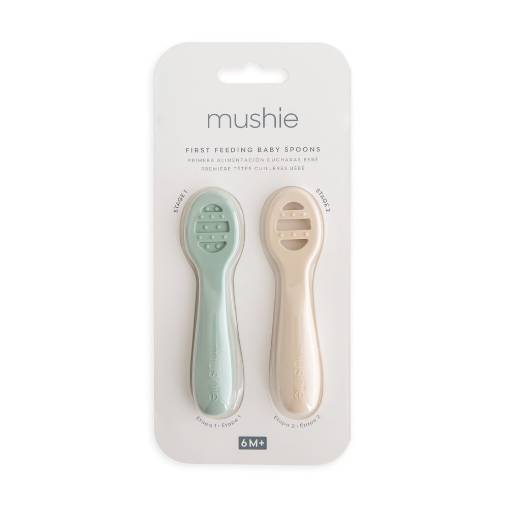 Mushie First Feeding Baby Spoons - Silicone 2-Pack - Cambridge Blue/Shifting Sand